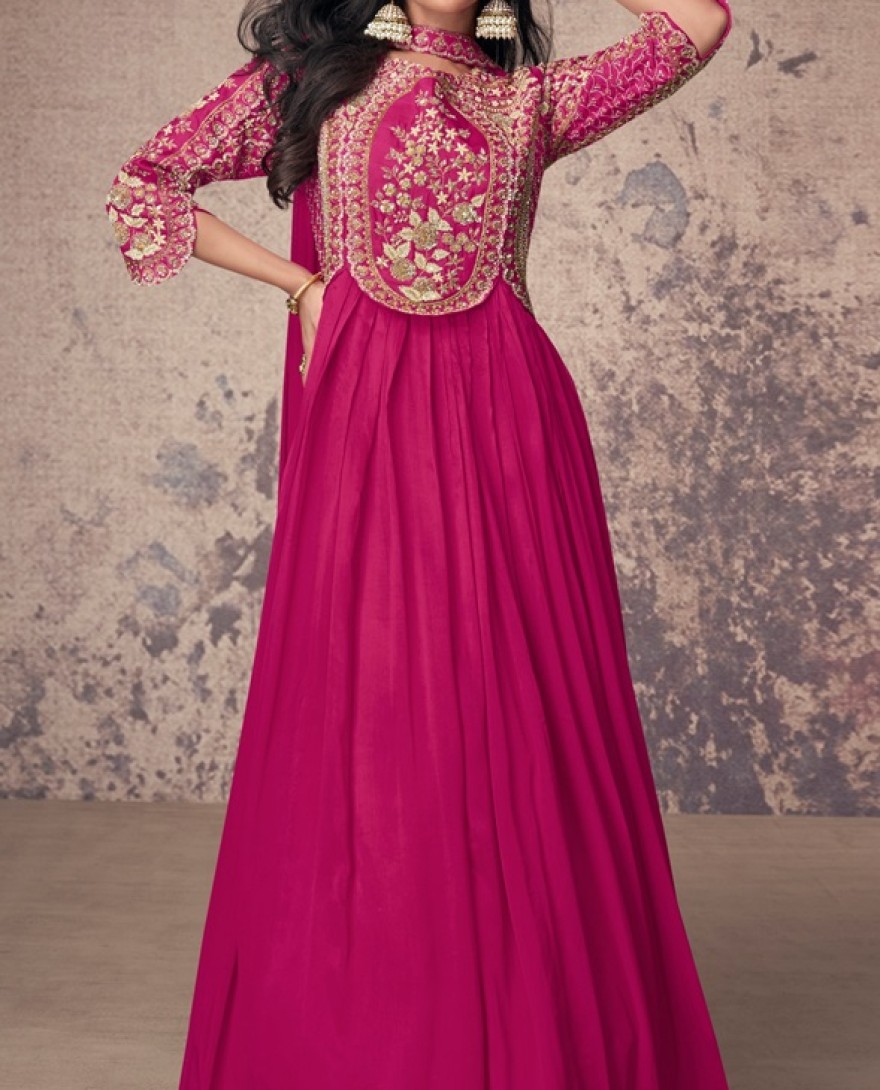 5548 - MAGENTA PINK ANARKALI GOWN IN CHINON SILK WITH EMBELLISHMENTS